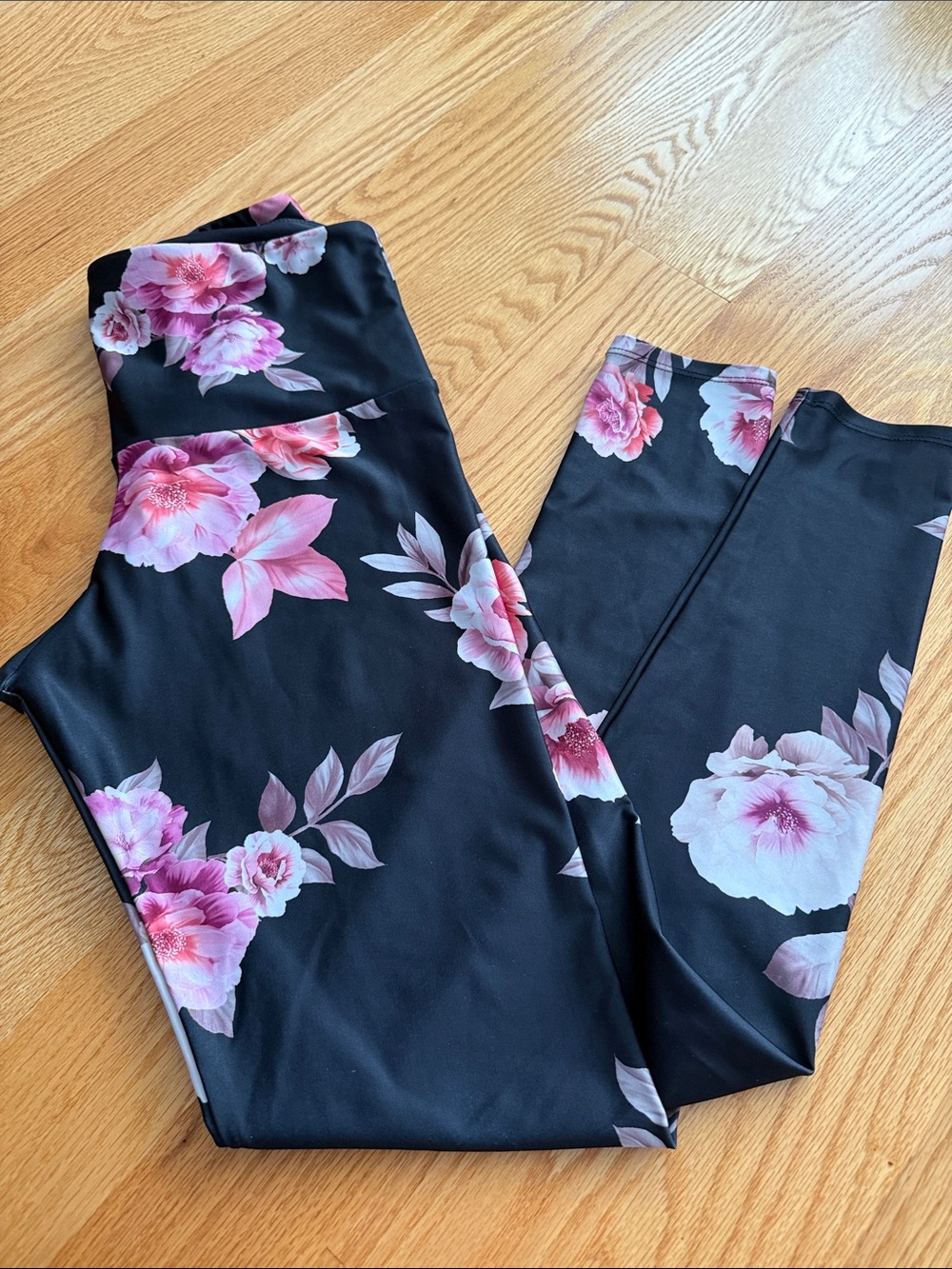 Onzie Black High-Waist Leggings with Pink Floral Print